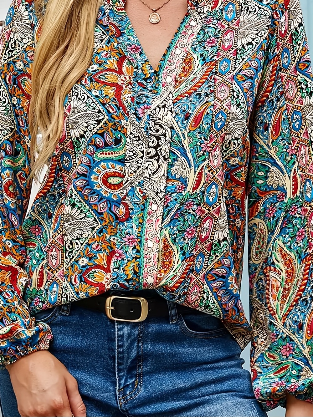 Bohemian Paisley Print Long-Sleeve Blouse - Teal Multi